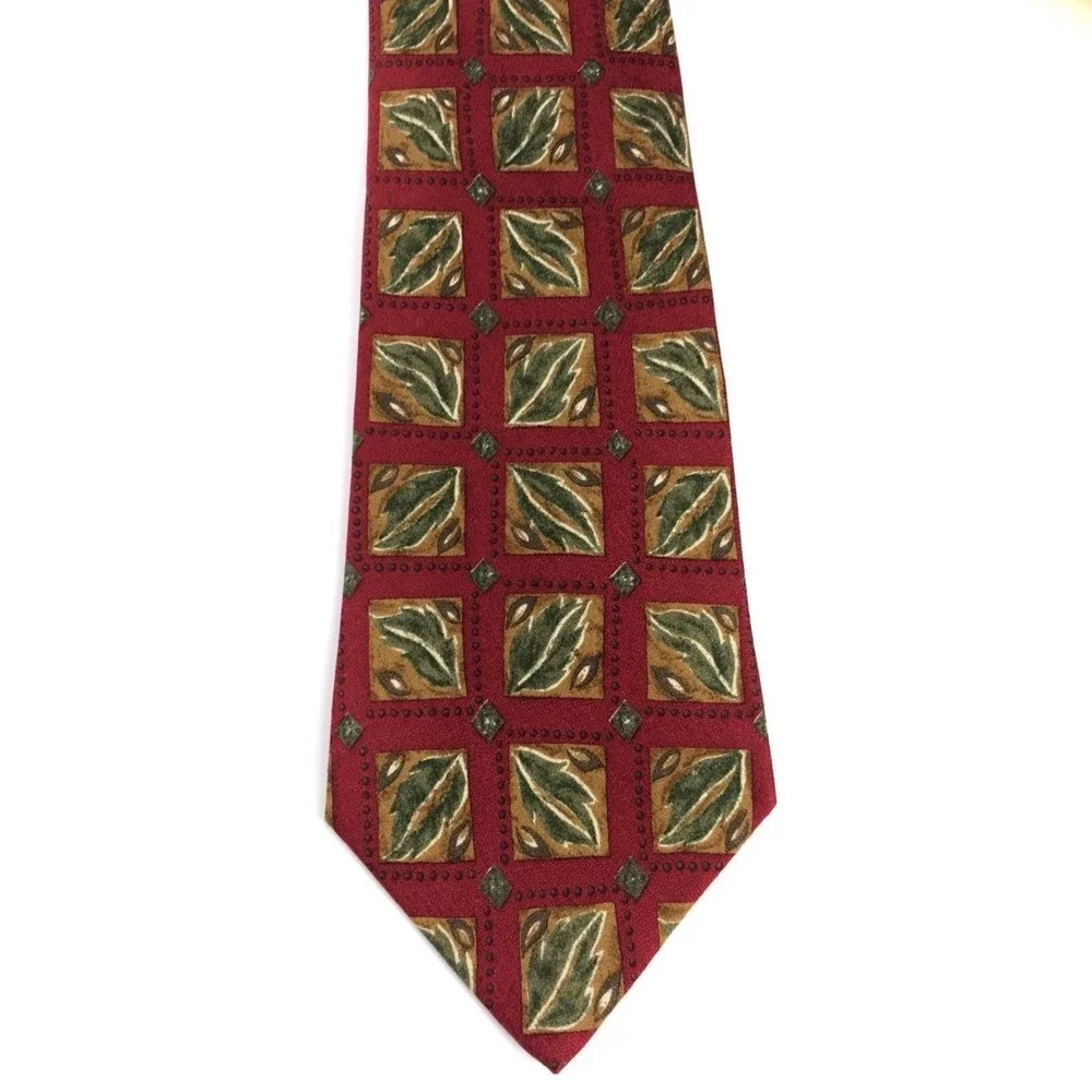 Purple Label CHAPS Ralph Lauren Red Green Leaves Nature Silk Men's Tie Necktie